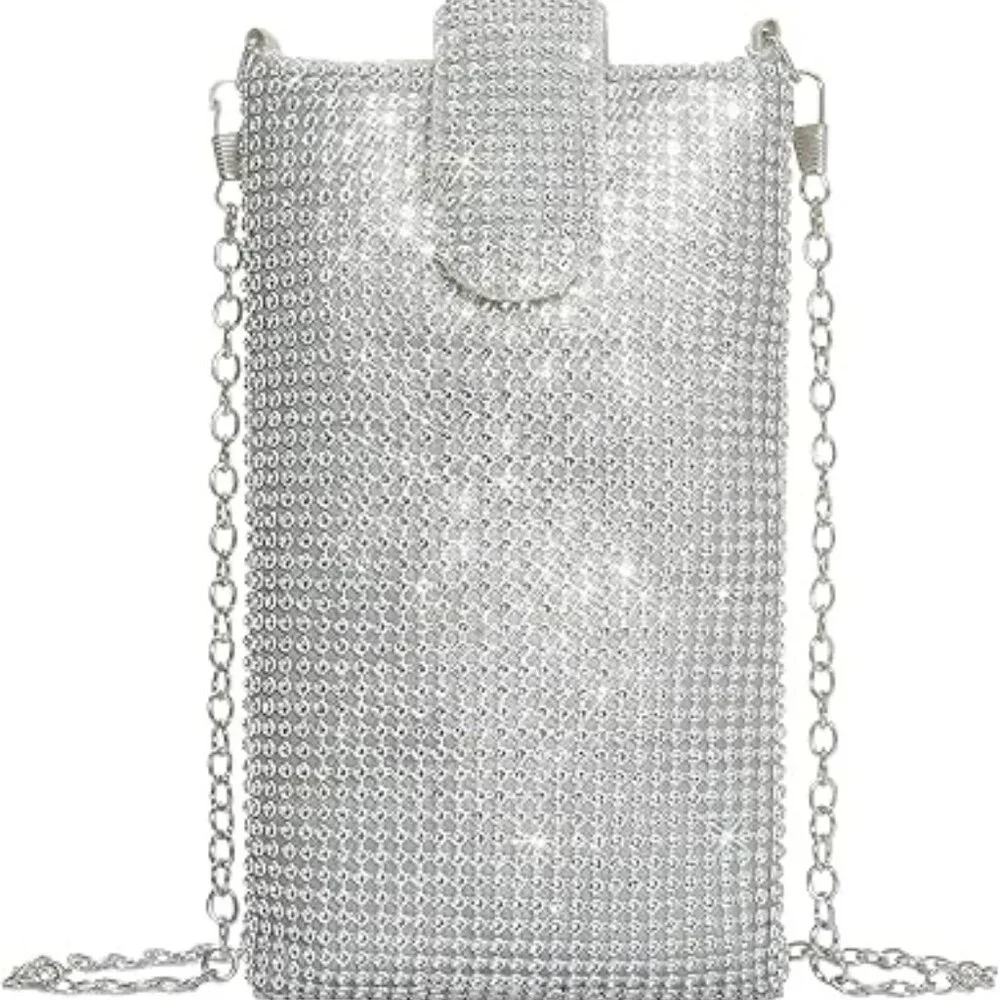 Phone Purse Sparkling‎ Women's Evening Crossbody Bag Rhinestone Silver w Chain